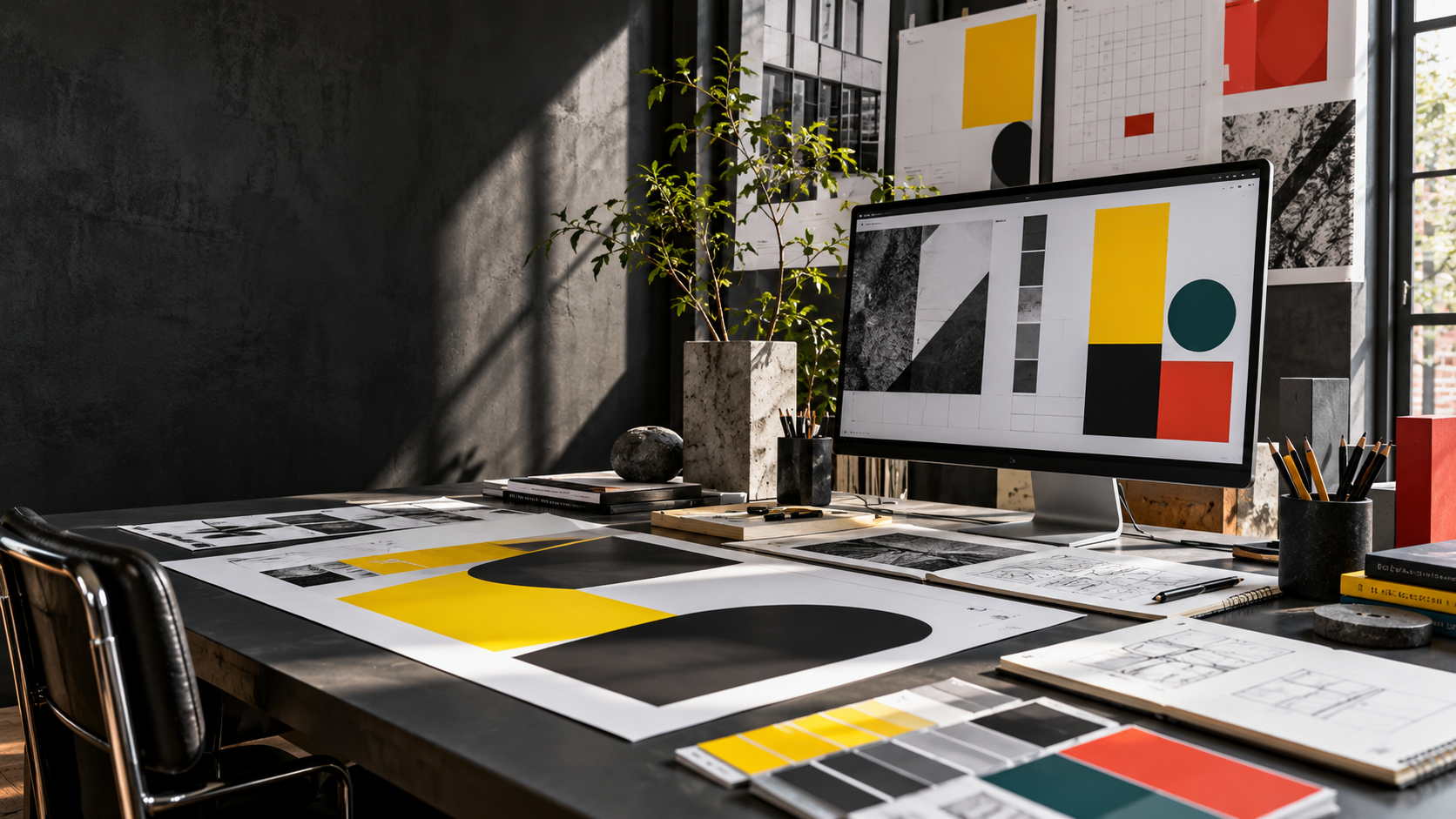 Design workspace with print proofs, color studies, and a digital layout
